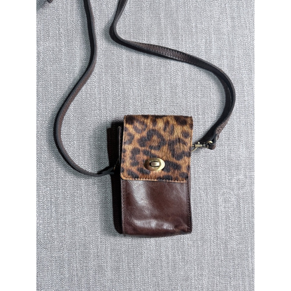 Patricia Nash Brown Leather Leopard Cow Hair Crossbody Phone Bag Turn Lock